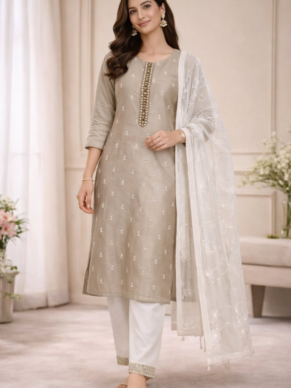 Women’s Taupe Kurta Pant & Embroidered Dupatta 3-Piece Set